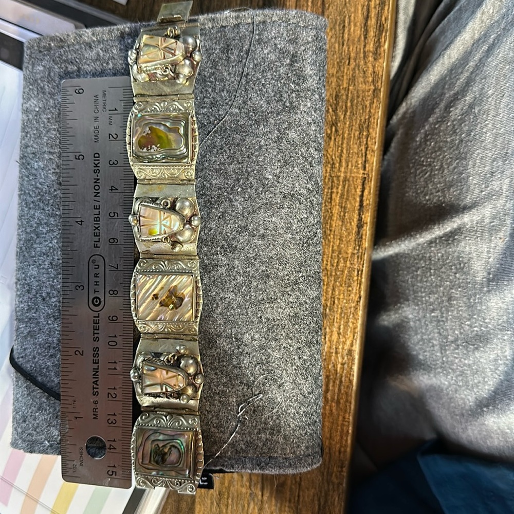 Vintage Mexican Sterling Silver & Abalone Aztec Bracelet